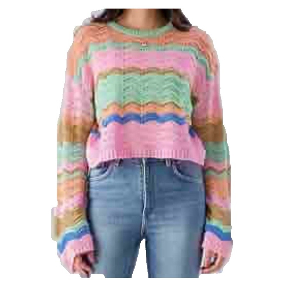 Y2K Cropped Colorful Knit Sweater XS Womens Multicolor Stripe Wave Lightweight